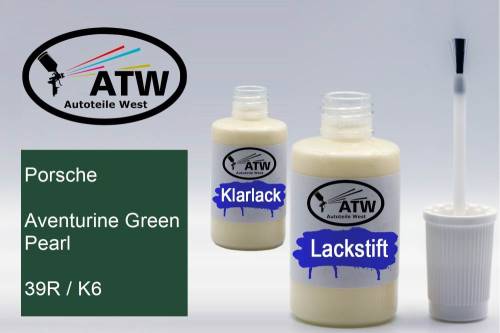 Porsche, Aventurine Green Pearl, 39R / K6: 20ml Lackstift + 20ml Klarlack - Set, von ATW Autoteile West.
